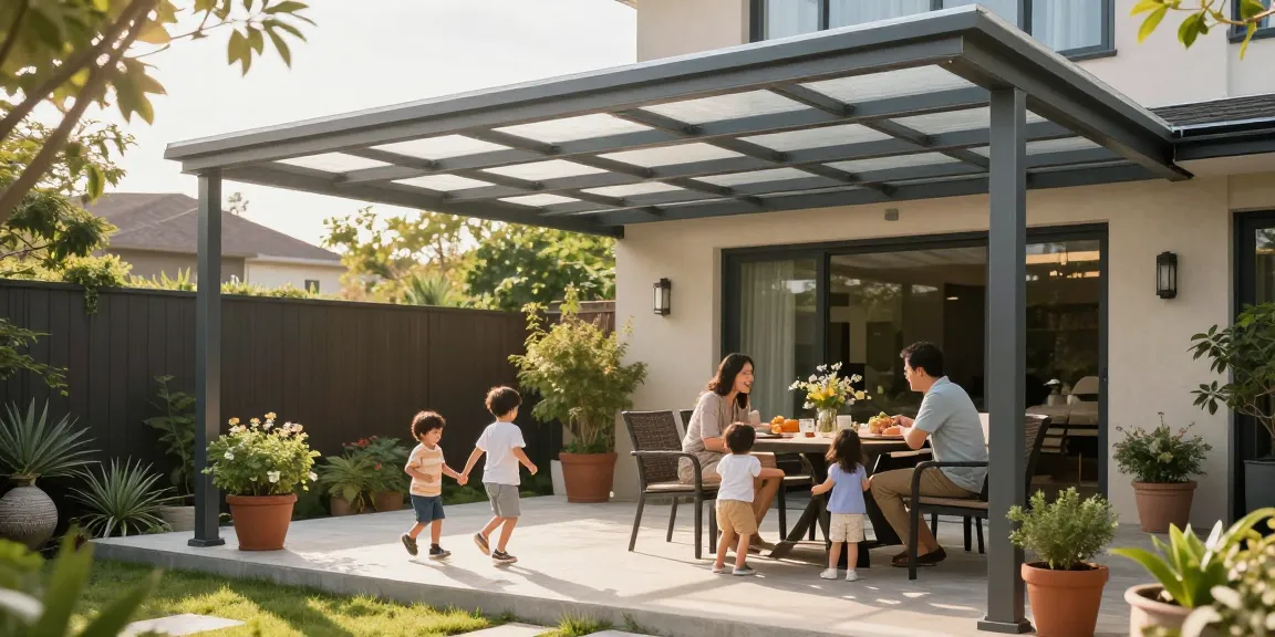 Moderne Terrassenüberdachung mit Familie im Garten, sonnige Atmosphäre.