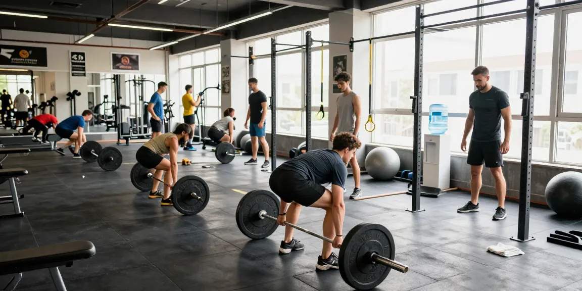 Aktives Fitnessstudio mit Sportlern, die Selliza Shop Produkte nutzen, um ihre Leistung zu steigern.