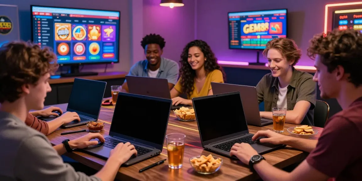 Friends enjoying a lively online gambling session at https://gem88.bz/, featuring vibrant gaming screens and a festive atmosphere.
