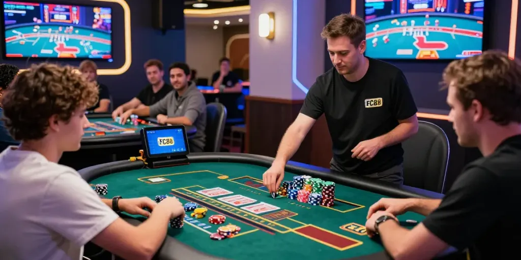 Players engaging in live casino gaming at FC88, showcasing excitement and modern gaming atmosphere.