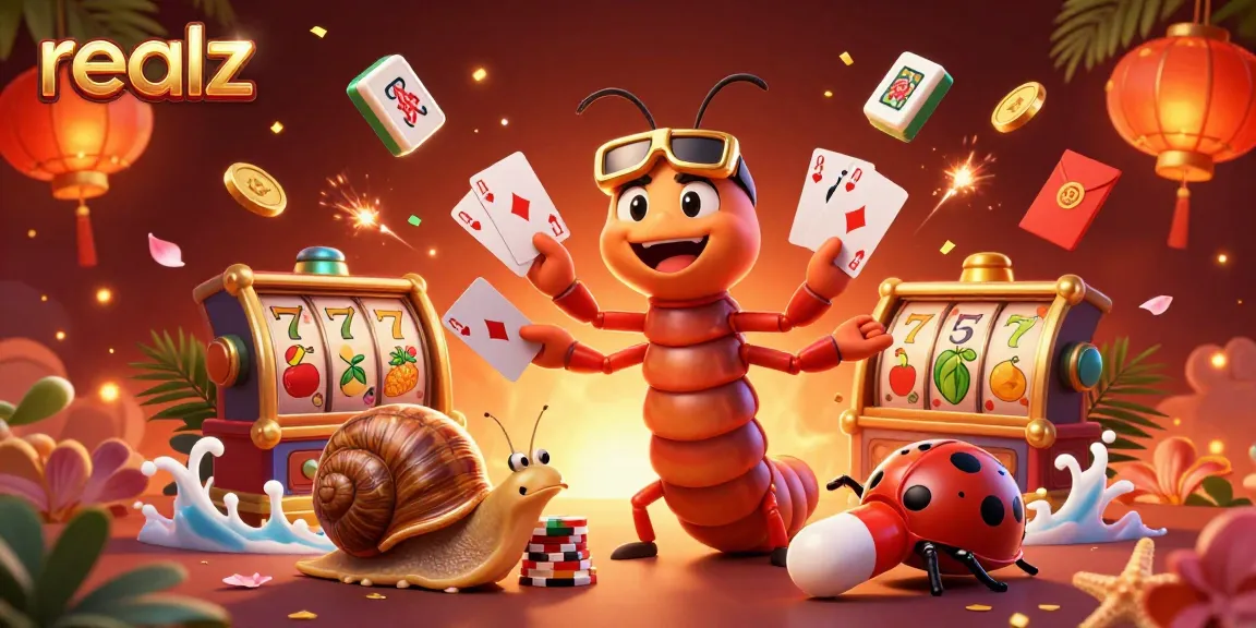 Engage in exciting realz casino gameplay with dynamic characters and vibrant slot elements in a rich 3D illustration.