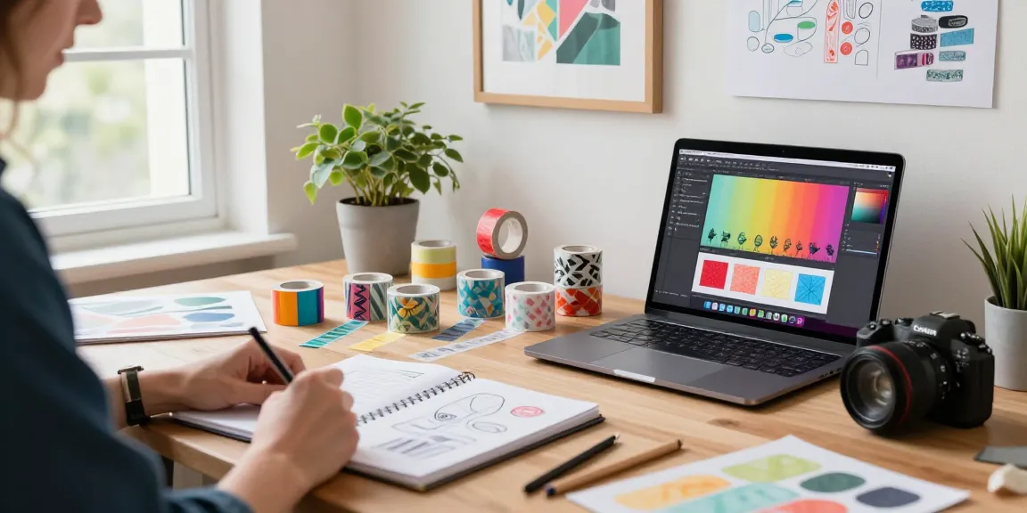 Custom washi tape design workspace with colorful materials, sketches, and vibrant patterns.