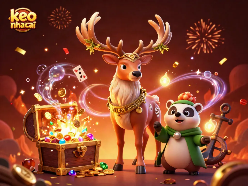 Engage with keo nha cai through dynamic 3D illustration of druid and badger surrounded by casino treasures.
