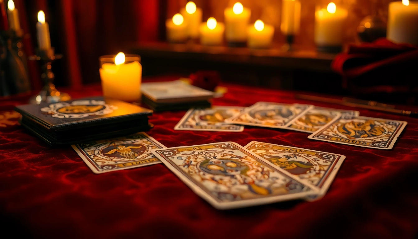Erforschen Sie die tarotkarten bedeutung mit einem eleganten Set von Tarotkarten auf einem samtigen Tisch.