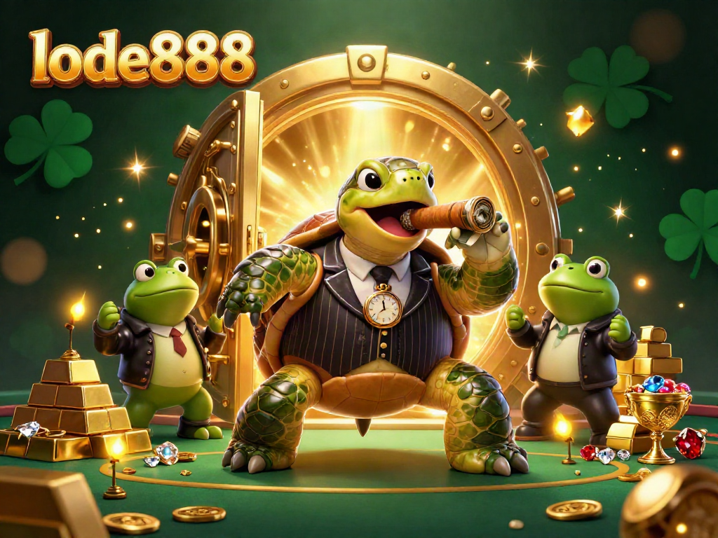 Experience the thrill of lode888 with a dynamic scene featuring a stylish turtle and bullfrogs in a vibrant casino.