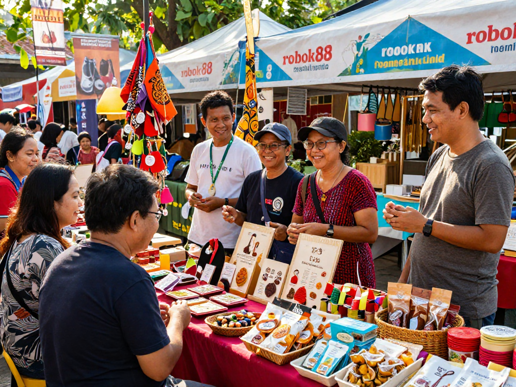 Engaging rokok88 marketplace scene with shoppers exploring unique local products