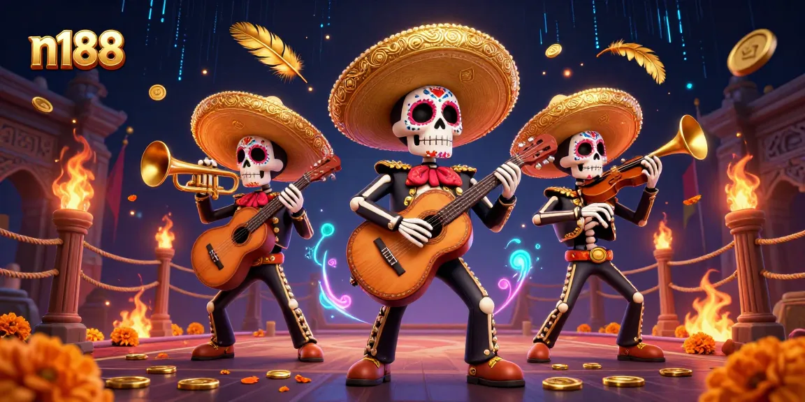 Engage with n188's vibrant casino experience featuring dynamic skeleton mariachi band amid rich gambling elements.