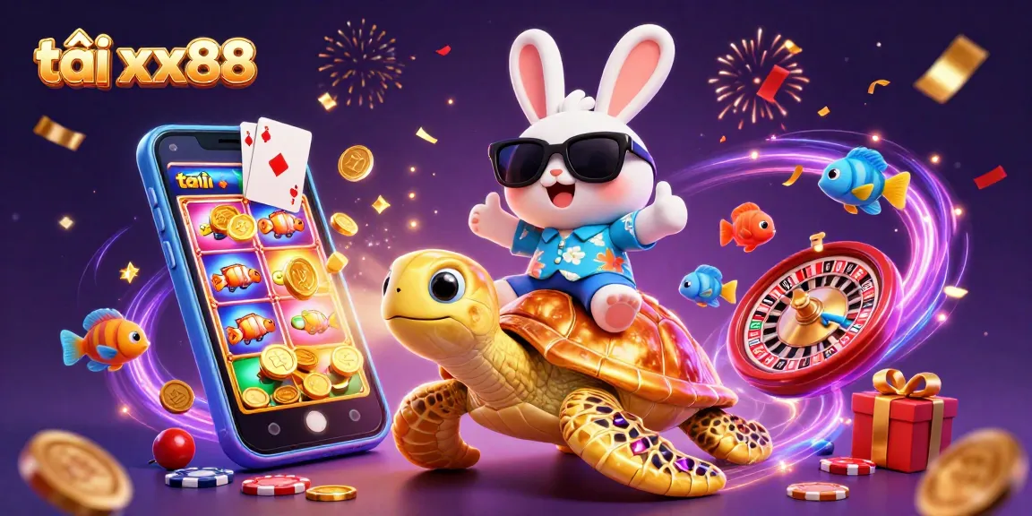 Join the fun at tải xx88, featuring a whimsical scene with a lucky rabbit on a golden turtle amidst vibrant casino elements.