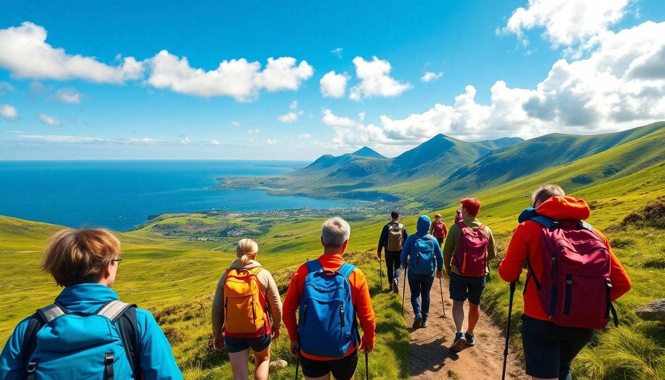 Wanderer auf dem Kerry Way Fernwanderweg mit beeindruckendem Landschaftshorizont.