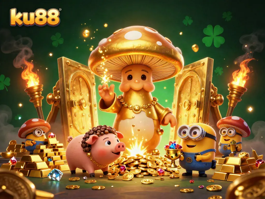 Experience the enchantment of ku88 with magical treasures and dynamic gaming elements in this vibrant illustration.
