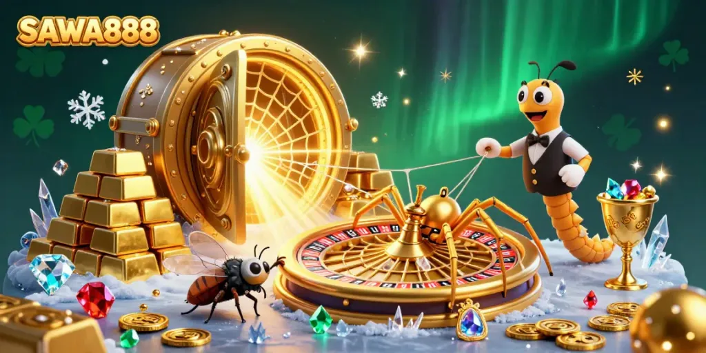Experience SAWA888's thrilling spin with a golden roulette web, fly, and centipede croupier in action.
