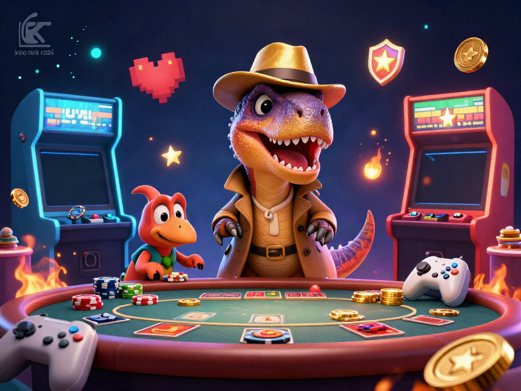 Experience kèo nhà cái action with a cartoon dinosaur card counter at a blackjack table, dynamic casino scene.