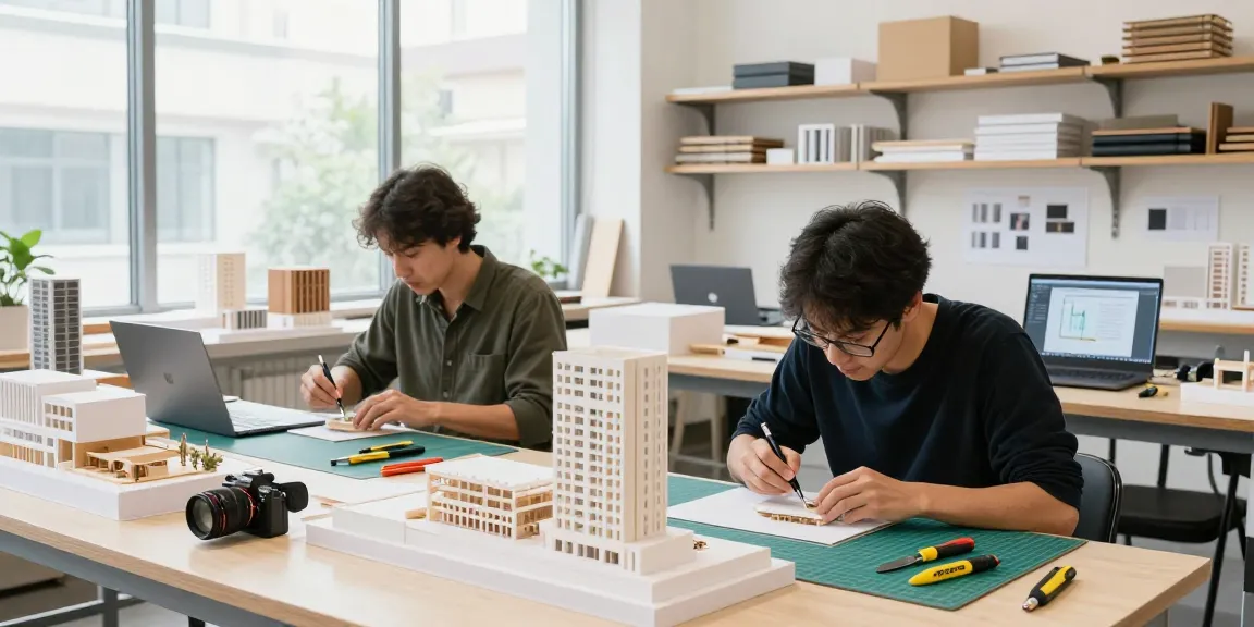 Präzise Modellbauer Aschaffenburg bei der Arbeit an architektonischen Modellen in hellen Werkstatt.