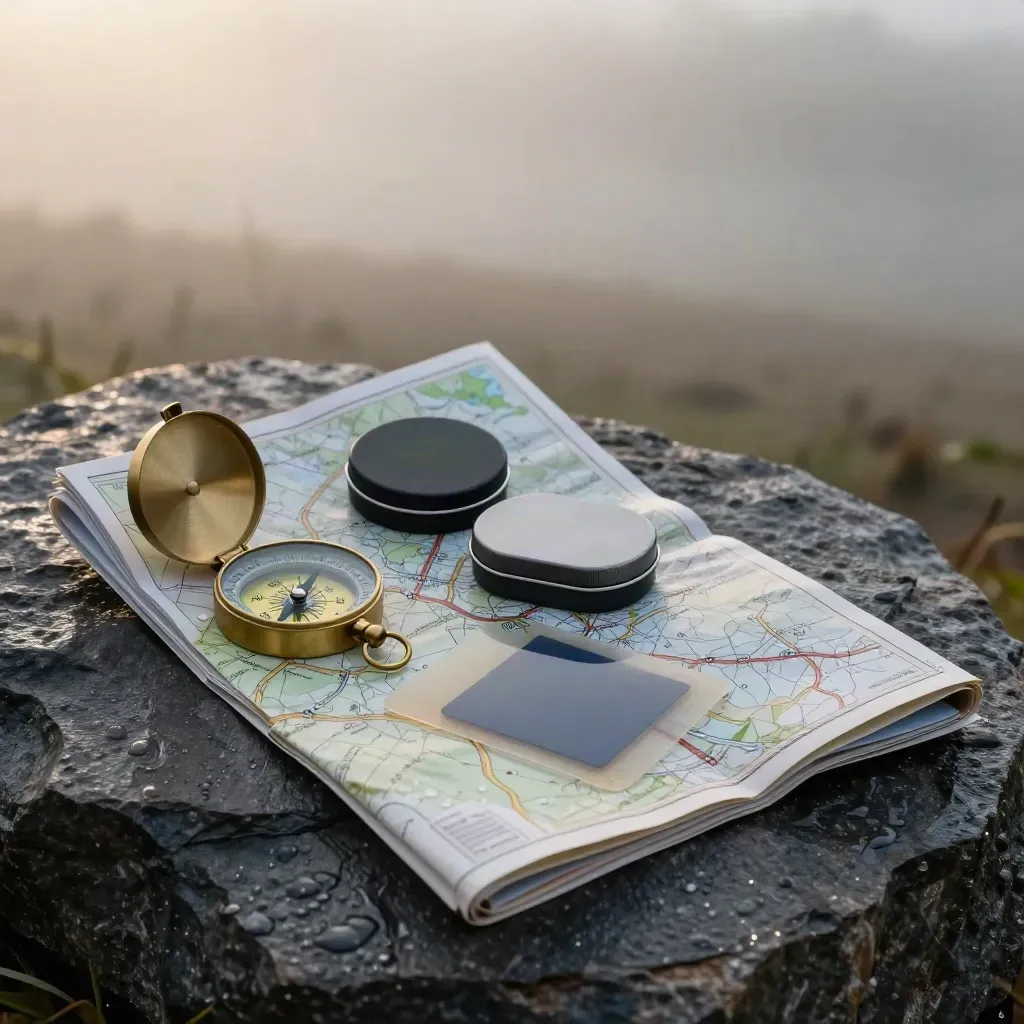 Gefaltete Straßenkarte, Kompass und Routen-Pin-Dose auf nassem Basalt im Morgennebel.