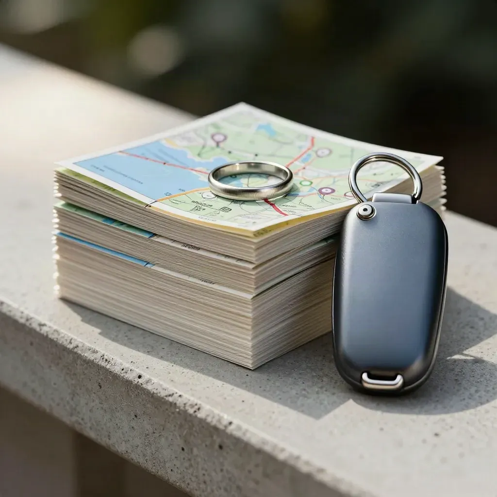 Makro von Standort-Tabs, Metallring und mattem Fleet-Key-Fob auf hellem Beton.