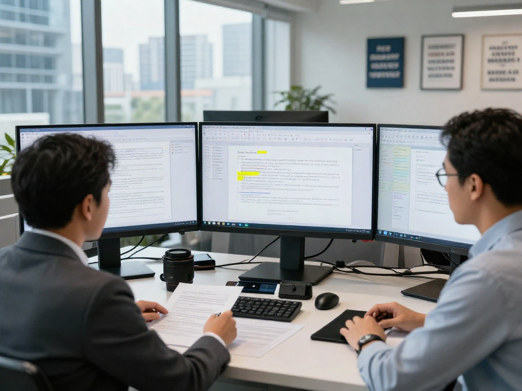 Advanced document fraud detection in action, showcasing AI analysis tools and compliance specialist examining highlighted discrepancies.