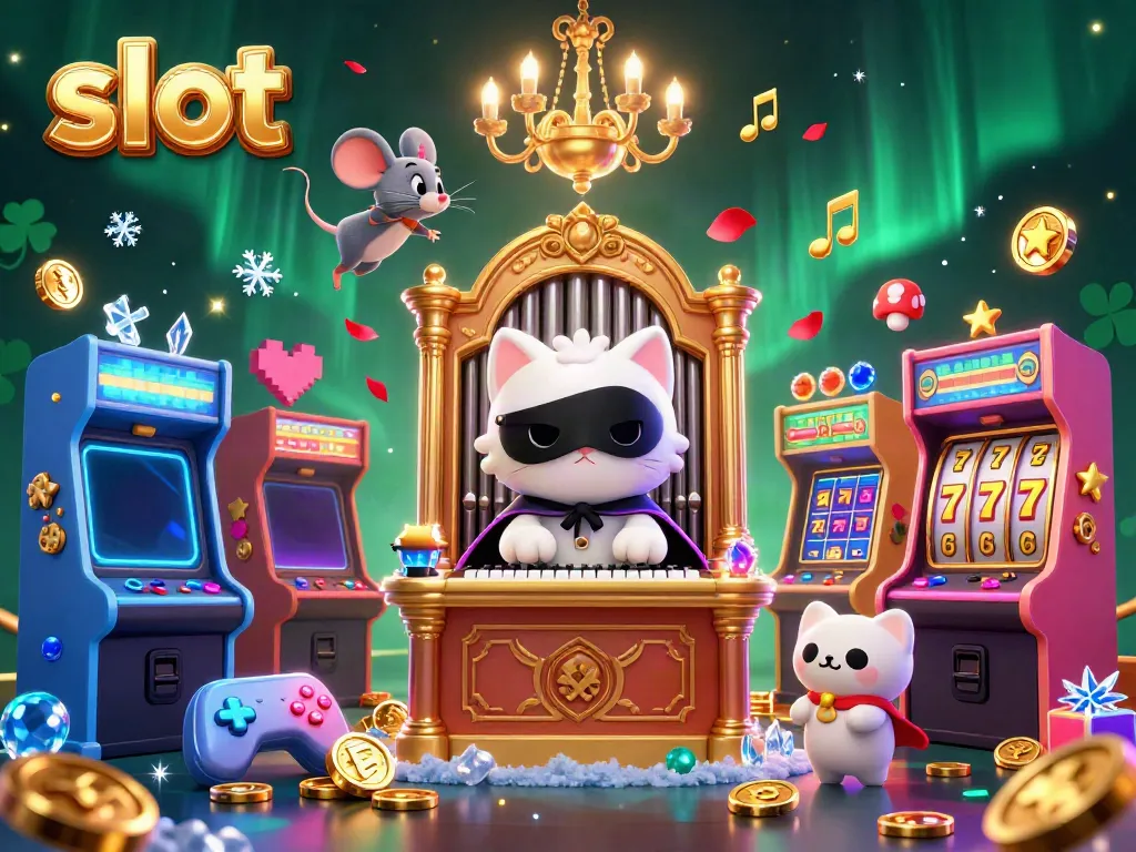 Experience thrilling slot gameplay with a dynamic scene featuring a masked cat and lively game elements.