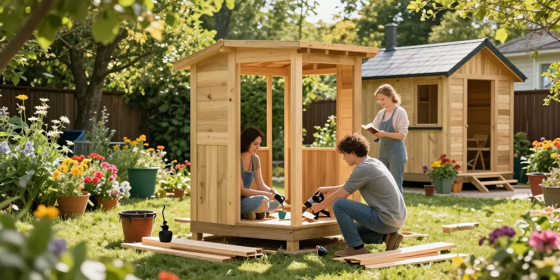 Gartenhäuser im Bau - Freundliche DIY-Szene mit Holzmaterial und Werkzeugen im Garten.
