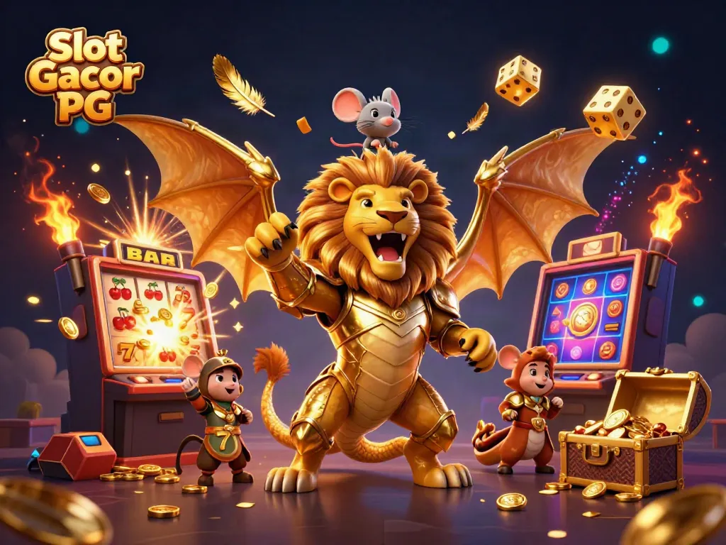 Experience the excitement of Slot Gacor PG with thrilling visuals of a triumphantly roaring chimera, surrounded by explosive casino elements.