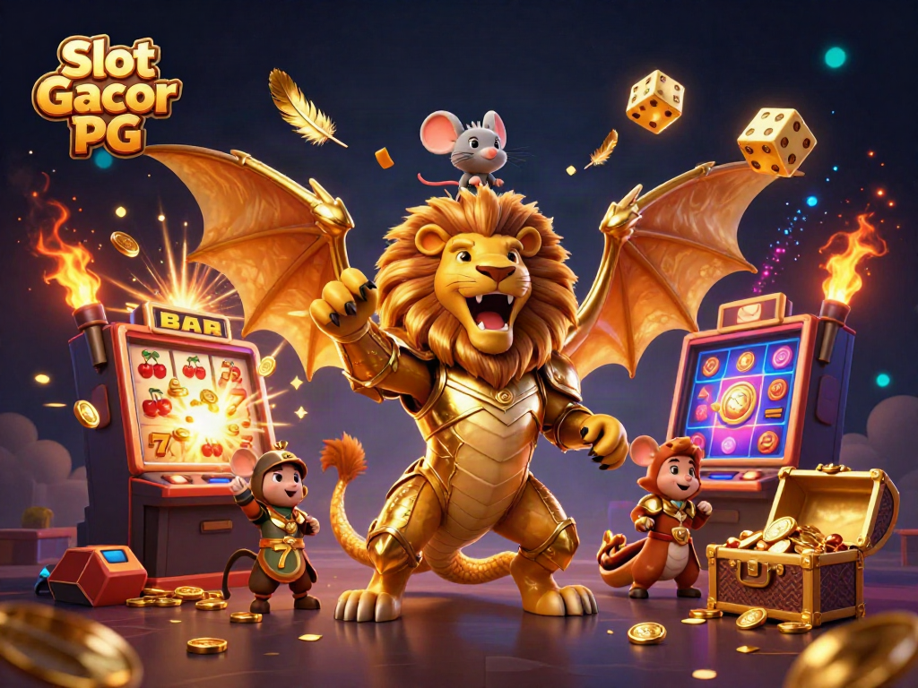 Experience the excitement of Slot Gacor PG with thrilling visuals of a triumphantly roaring chimera, surrounded by explosive casino elements.