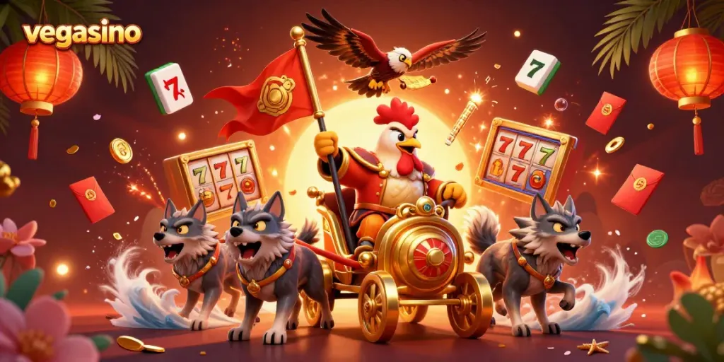 Experience thrilling casino action with vegasino's vibrant 3D illustration featuring a rooster warlord and gambling elements.