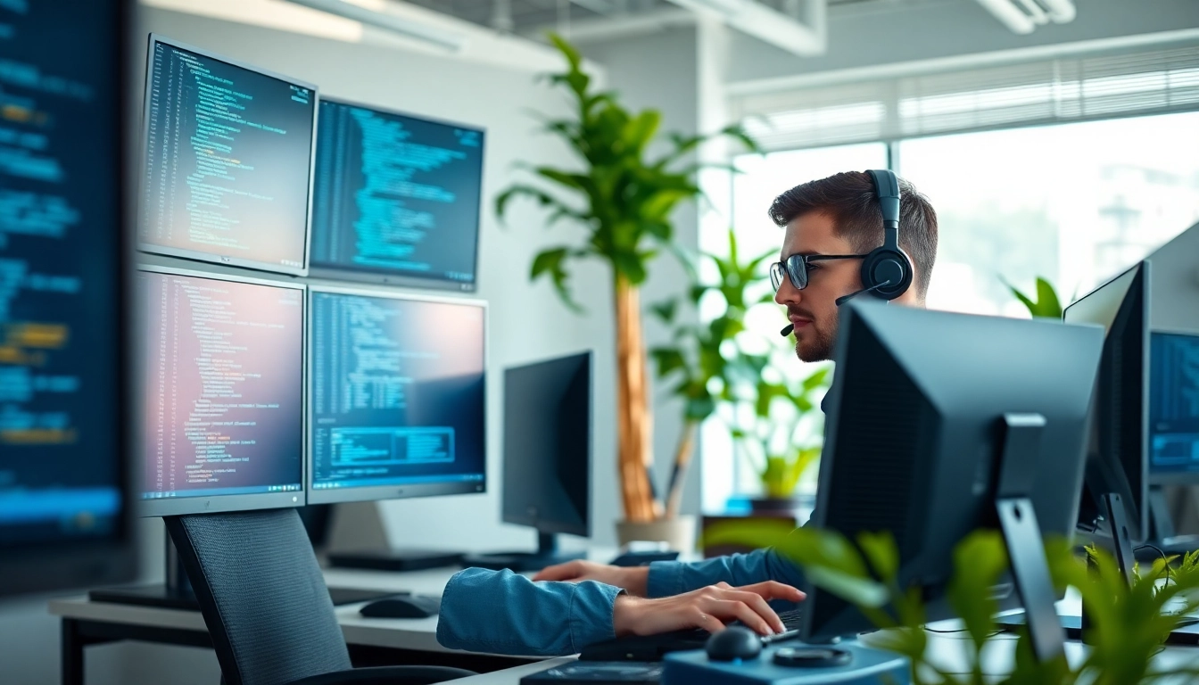 IT Support technician troubleshooting in a modern workspace with multiple screens.