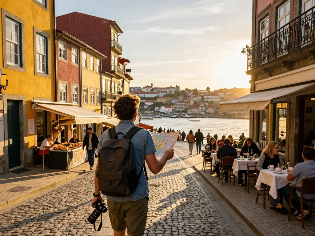 Reisetipps Porto: Ein Reisender entdeckt die charmanten Straßen von Porto mit Essensständen und historischer Architektur.