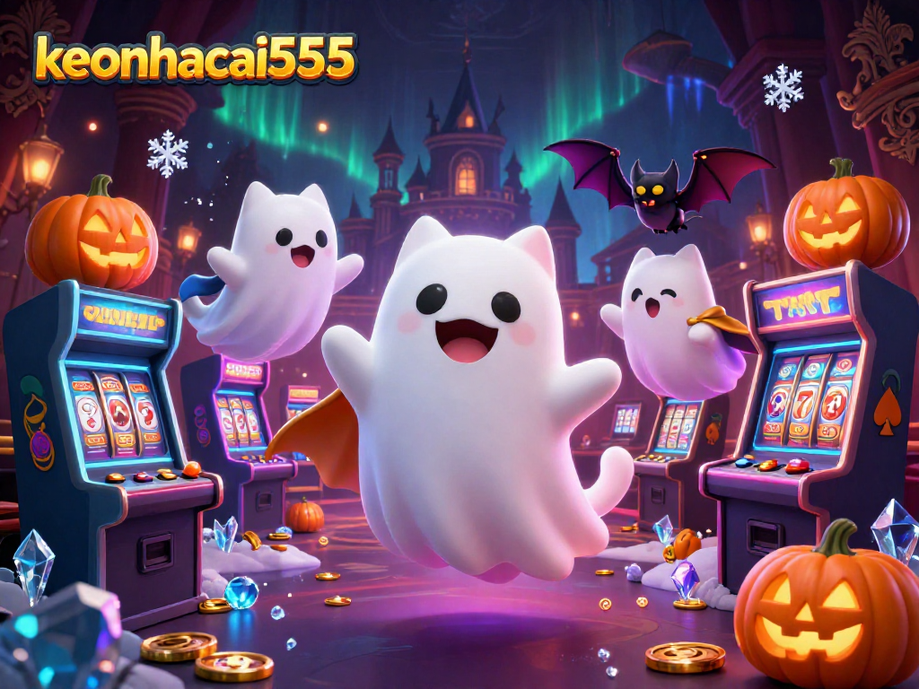Engage with keonhacai555 in a ghostly casino filled with exciting colorful elements and rich details.