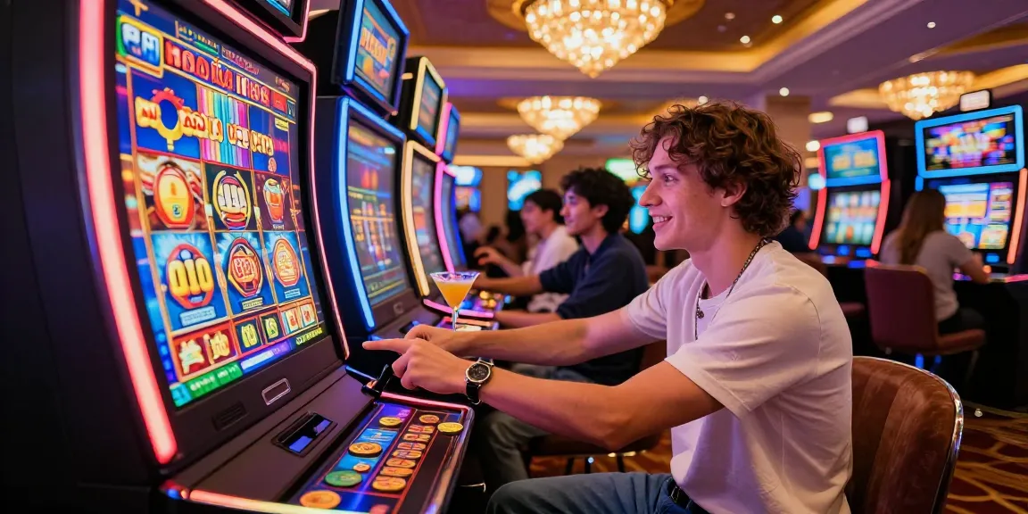 Exciting nổ hũ vin88 experience with a stylish player celebrating a win at a vibrant slot machine in a luxurious casino.