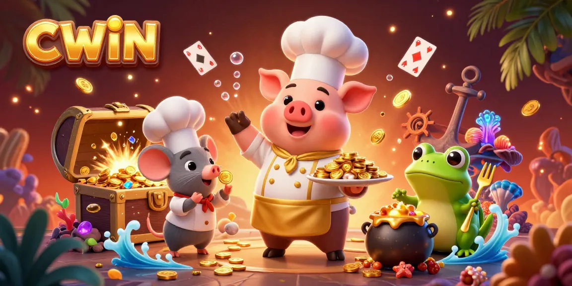 CWIN offers thrilling gaming excitement with cartoon chef, mouse, and frog amidst treasure and casino elements.