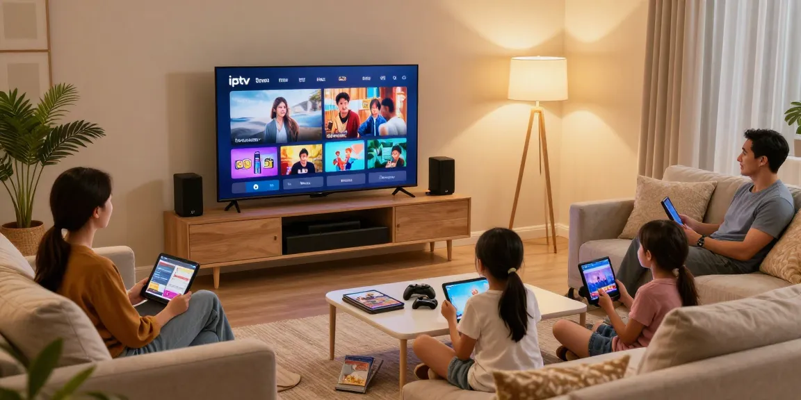 Familie genießt IPTV Smarters Pro in einem gemütlichen Wohnzimmer mit Snacks und Tablets.