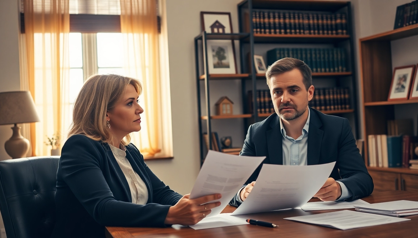 Hausverkauf bei Scheidung: Couple discussing house sale documents in an office.