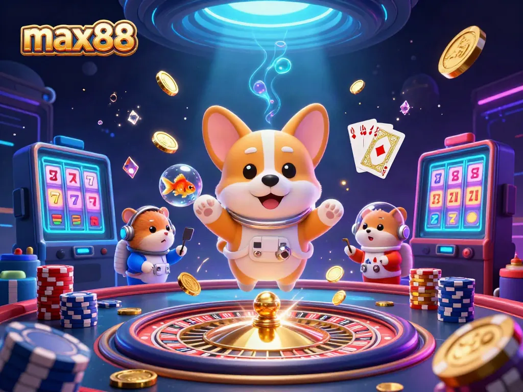 Experience thrilling gameplay at max88 with a corgi and friends amidst coins and casino elements in a vibrant scene.