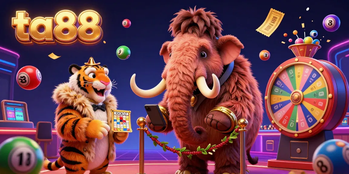 Experience exciting gameplay at ta88 as a woolly mammoth bouncer checks IDs for VIP guests in a lively casino scene.