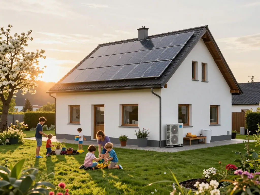 Photovoltaik Bayern in Aktion mit Solarpanels auf einem Familienhaus, das nachhaltiges Leben in Bayern zeigt.