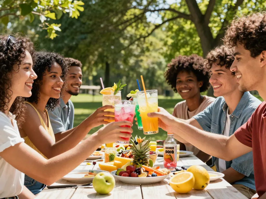 Friends enjoying ROKOK88 soda at a sunny picnic, celebrating and refreshing.