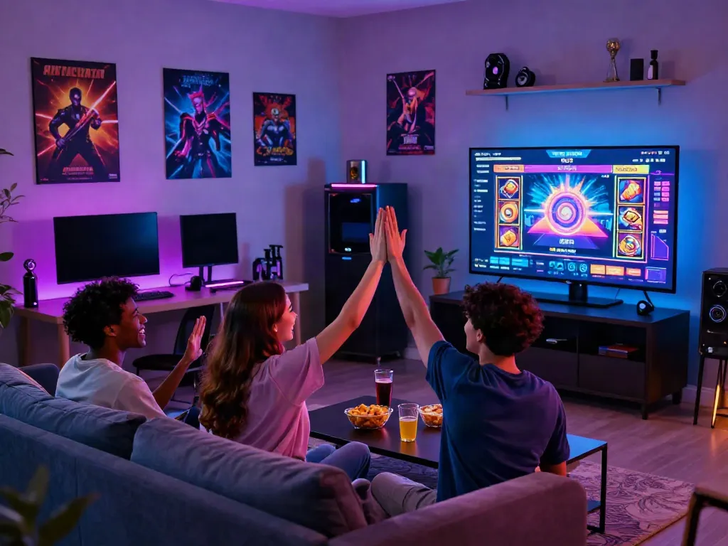 Friends celebrating a win while playing the rokok88 slot game in a vibrant gaming room.