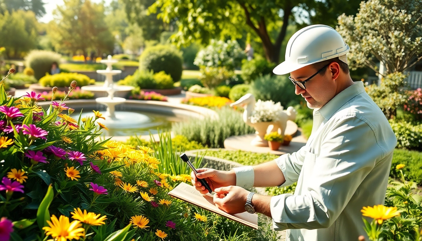Galabauer designing a vibrant garden with lush plants and elegant features.