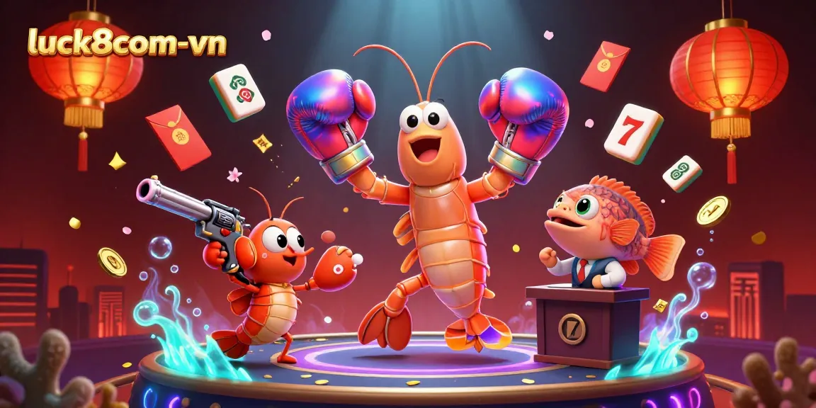 Engage with luck8com-vn in an exciting casino scene featuring animated shrimp characters and vibrant gambling elements.