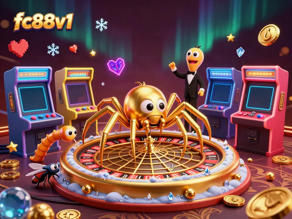 Experience the thrill of betting at fc88v1 with an engaging roulette scene featuring a spider croupier and vibrant gaming elements.