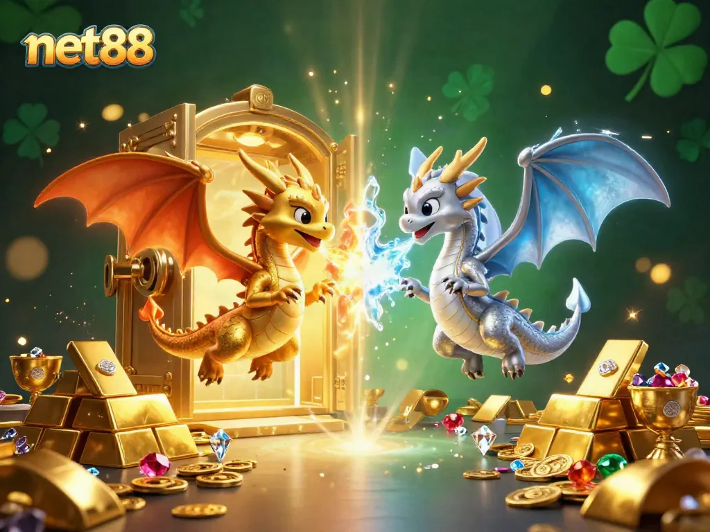 Experience thrilling gameplay at net88 with a dynamic scene of twin dragons amidst dazzling casino treasures.