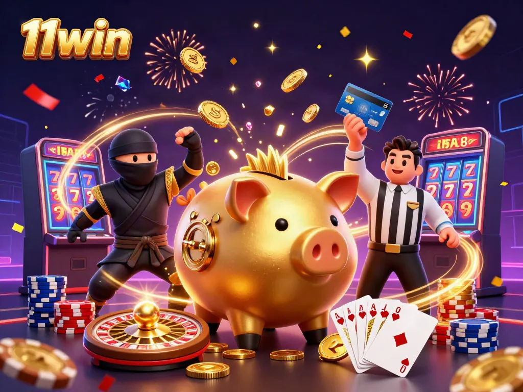 Experience exciting jackpots with 11win's dynamic casino characters amidst gold coins and glamour.