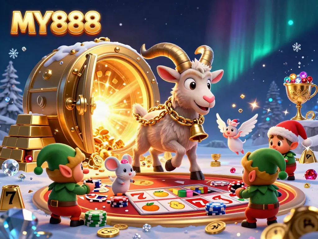 Enter the MY888 casino experience with the charming Krampus goat, managing a festive gaming floor filled with treasures.