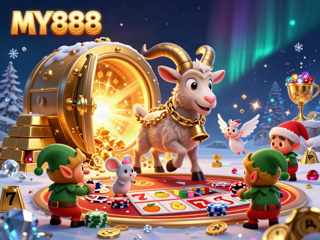 Enter the MY888 casino experience with the charming Krampus goat, managing a festive gaming floor filled with treasures.
