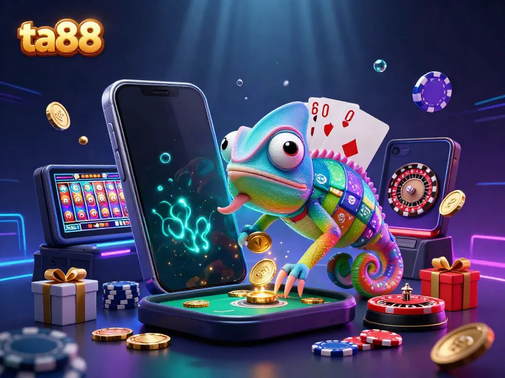 Engage with ta88, the colorful world of online gambling, featuring a dynamic chameleon casino owner and exciting gaming elements.