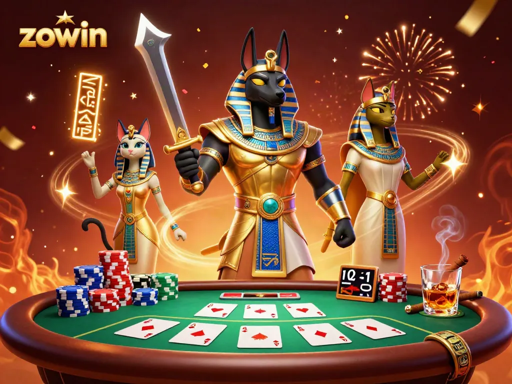 Zowin engages players with exciting poker elements in a vibrant casino setting, featuring dynamic characters.