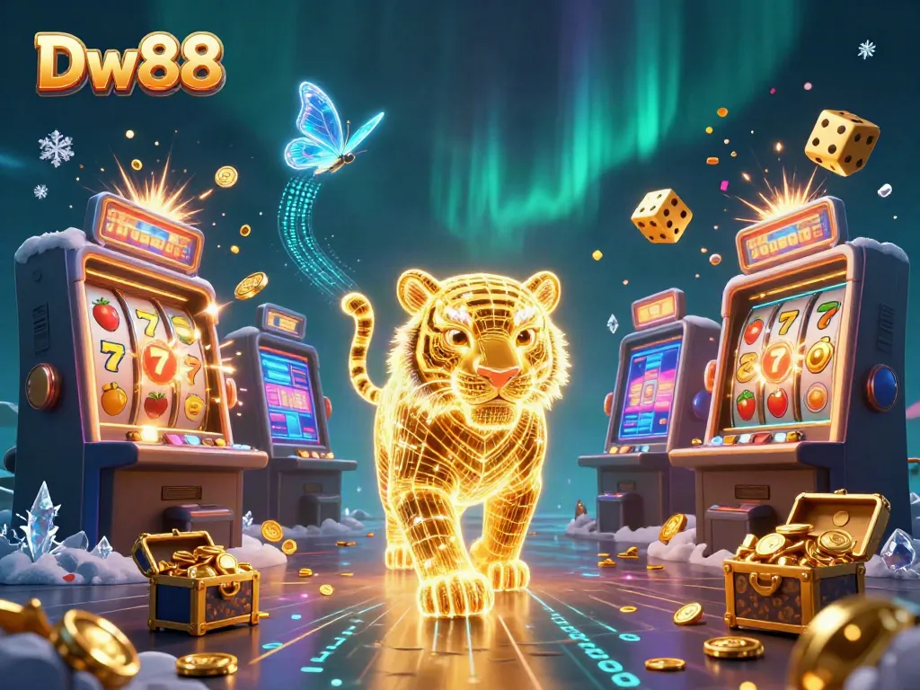 Experience thrilling gameplay with Dw88 in a vibrant digital casino scene showcasing golden tiger and dynamic slot machines.