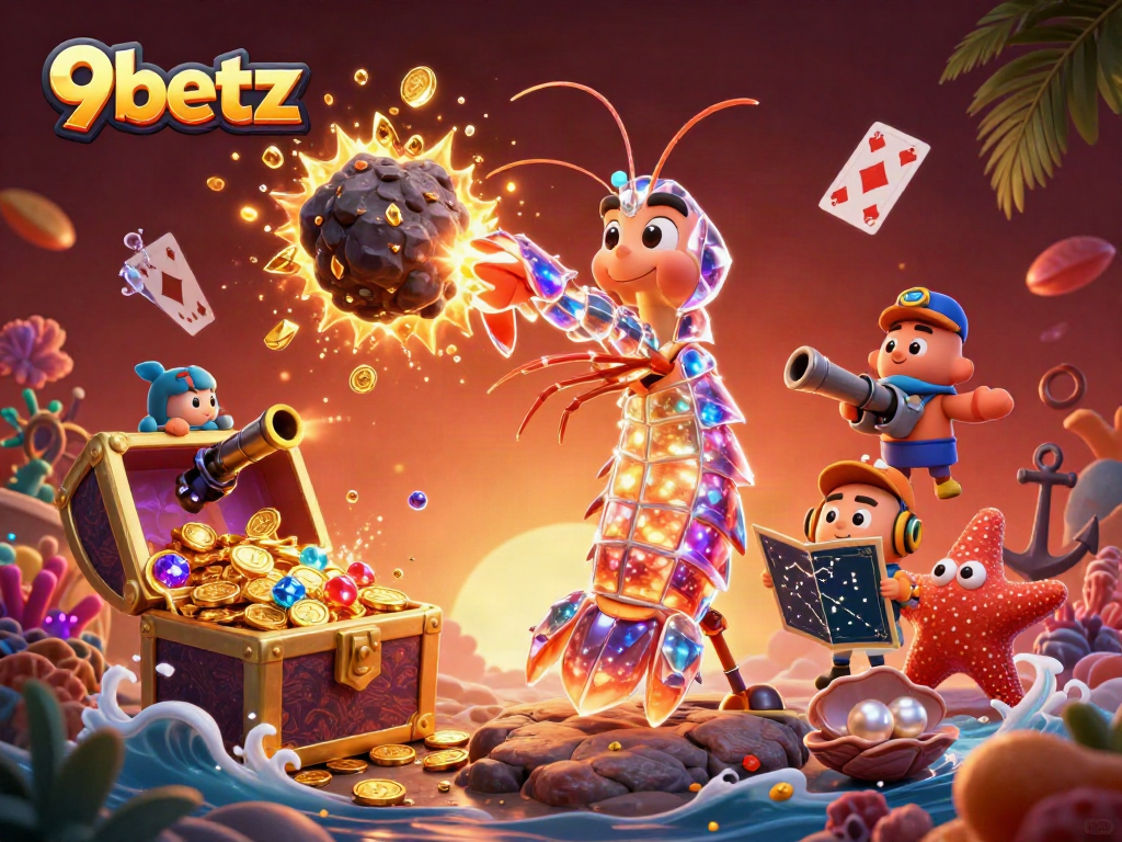 Experience the thrill of 9betz with a vibrant 3D scene featuring a galactic samurai mantis shrimp and treasures.