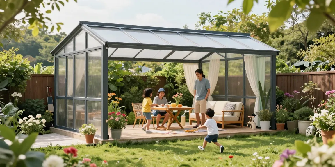 Freistehende Terrassenüberdachung im Garten mit Familie, Spiel und Genuss unter dem schattenspendenden Dach