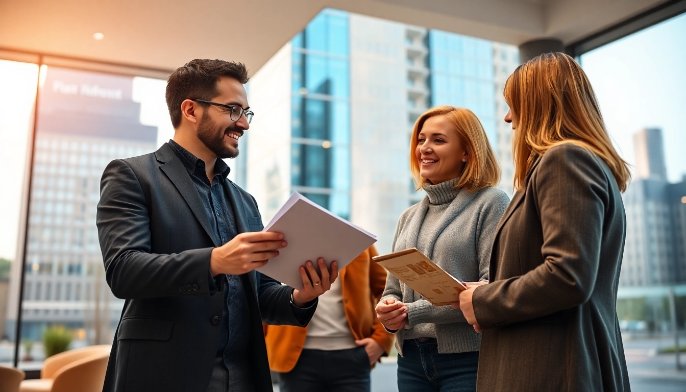 Immobilienmakler Frankfurt Dornbusch berät ein Paar in einem modernen Büro über Immobilien.